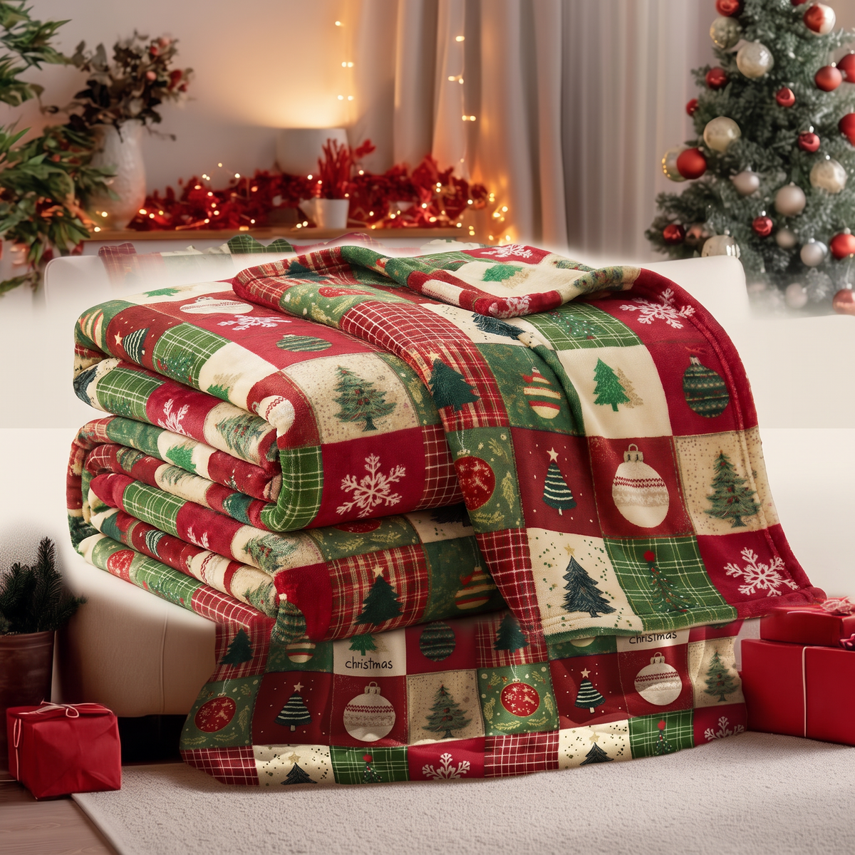 Kerst Plaid - Zachte Flanellen Deken met Rood-Groene Patchwork Print
