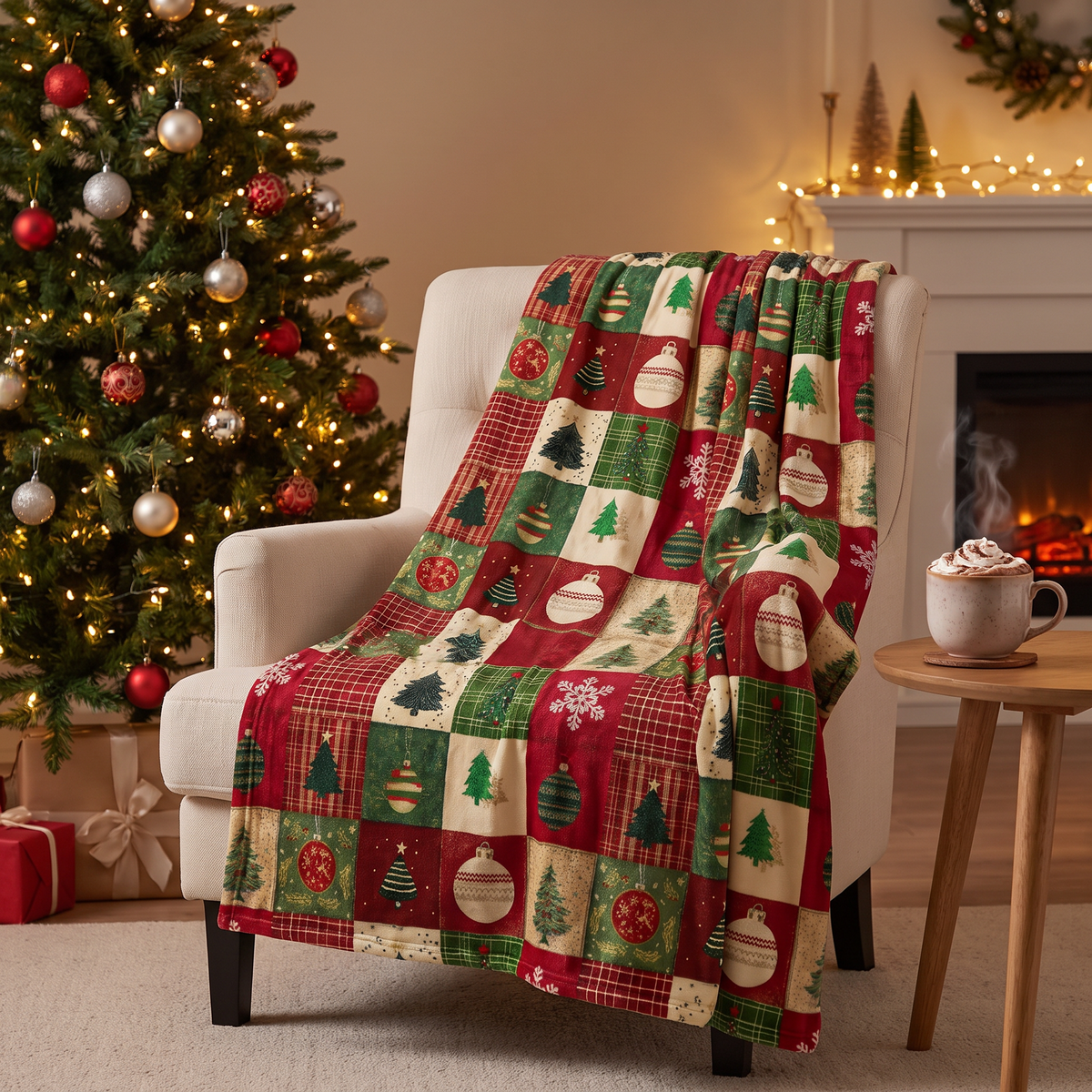 Kerst Plaid – Zachte Flanellen Deken met Rood-Groene Patchwork Print (2)