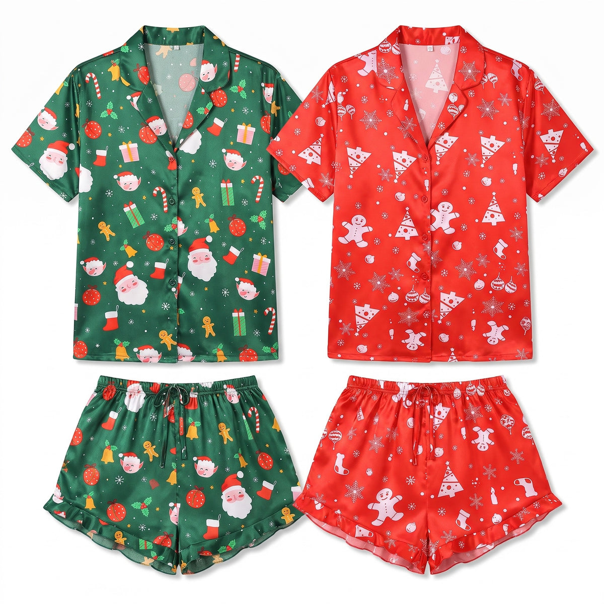 Kerst Pyjama Dames – Satijnen Set met Ruches en Feestelijke Print (3)