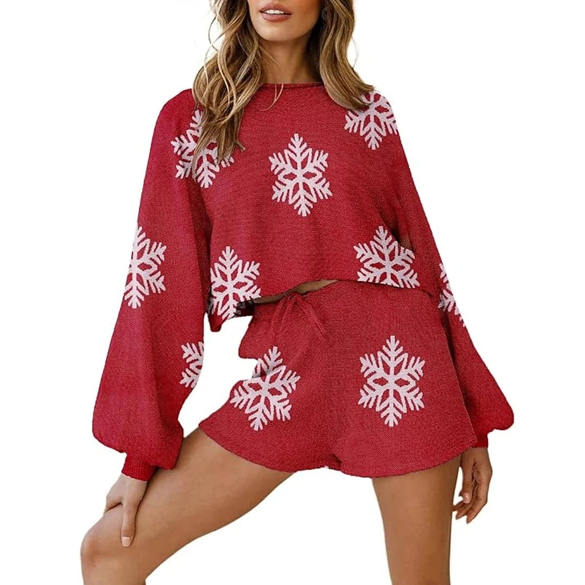 Kerst Pyjama – Gebreide Set met Sneeuwvlokken en Short (3)