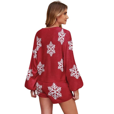 Kerst Pyjama – Gebreide Set met Sneeuwvlokken en Short (5)