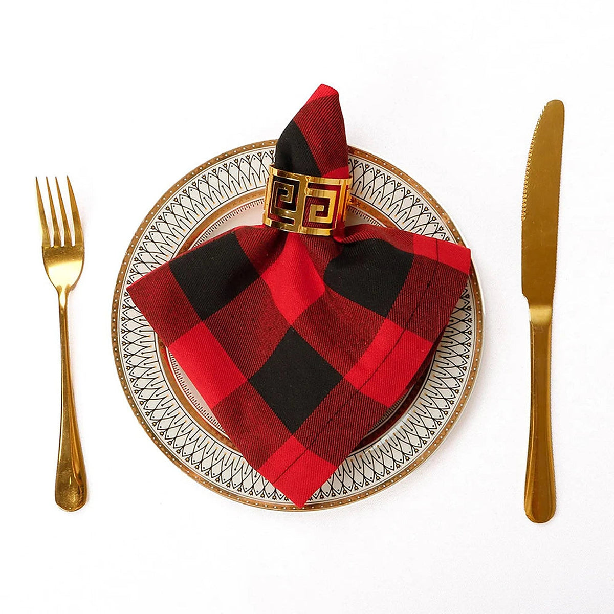 Kerst Servetten - Set van 4 Geruite Stoffen Servetten met Kwastjes