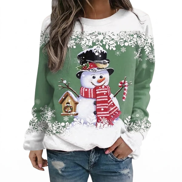 Pull de Noël pour femme - Bonhomme de neige avec écharpe et flocons de neige