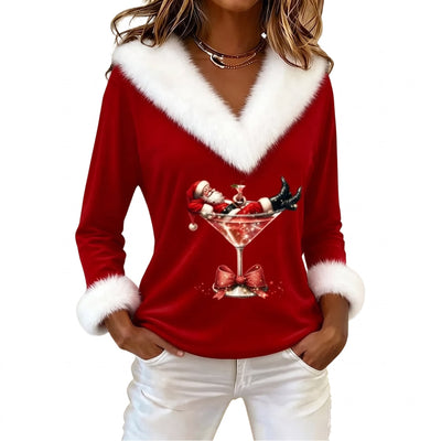 Kerst Top Dames - V-Hals met Pluche Kraag en Cocktailprint