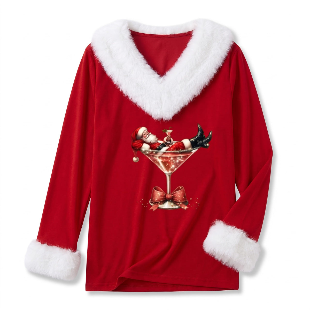 Kerst Top Dames – V-Hals met Pluche Kraag en Cocktailprint (6)
