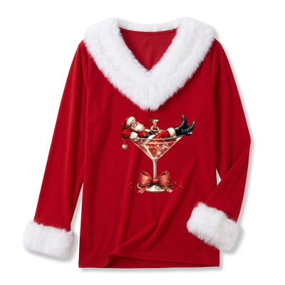 Kerst Top Dames – V-Hals met Pluche Kraag en Cocktailprint (6)