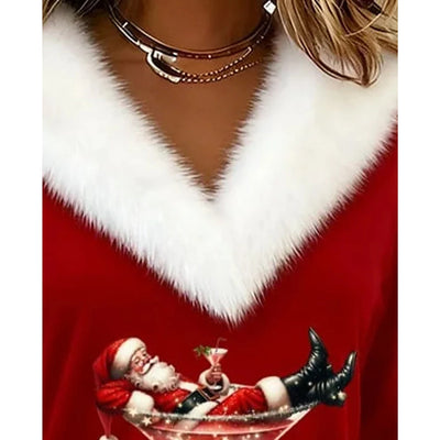 Kerst Top Dames – V-Hals met Pluche Kraag en Cocktailprint (7)