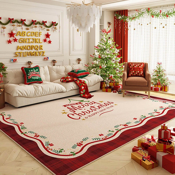 Weihnachtsteppich - Rutschfester Teppich in Rot und Creme, waschbar