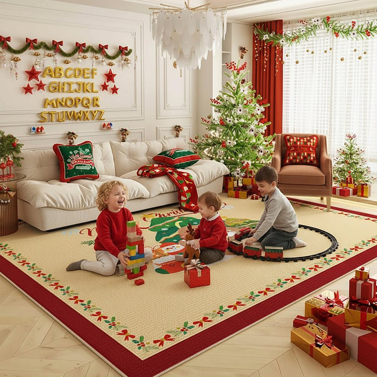 Kerst Vloerkleed – Antislip Tapijt in Rood en Crème, Wasbaar (4)
