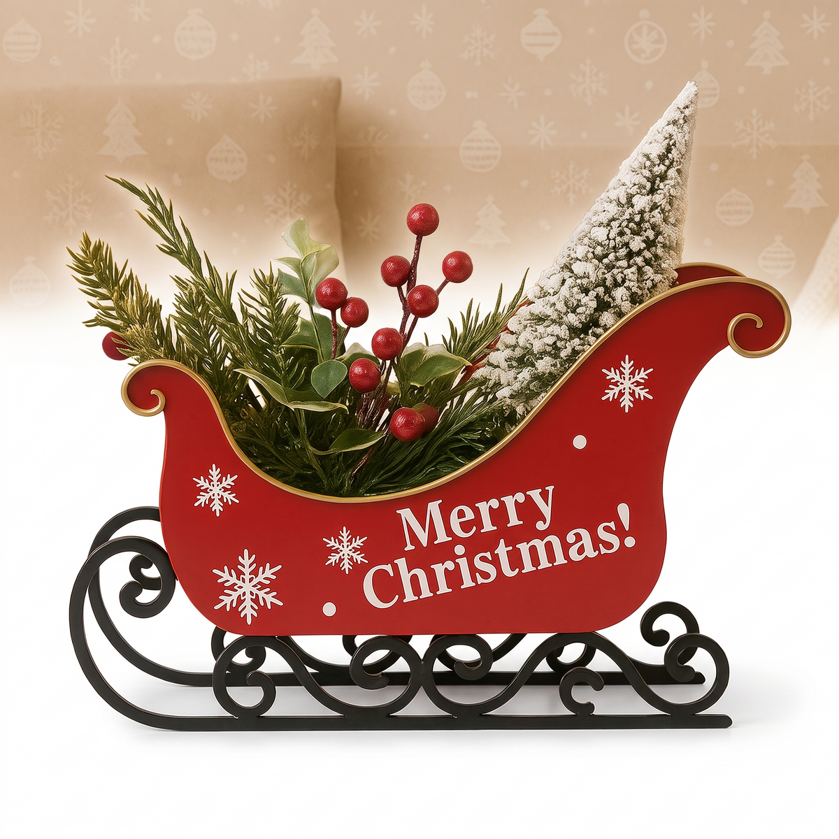 Kerstdecoratie Slee - Rode Arrenslee met Sneeuwvlokken en Metalen Glijders