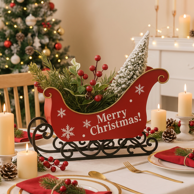 Kerstdecoratie Slee – Rode Arrenslee met Sneeuwvlokken en Metalen Glijders (2)