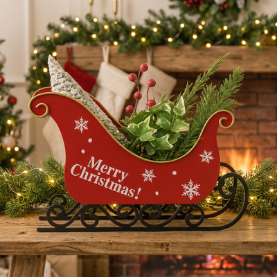 Kerstdecoratie Slee – Rode Arrenslee met Sneeuwvlokken en Metalen Glijders (3)