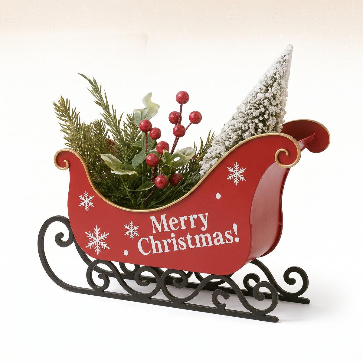 Kerstdecoratie Slee – Rode Arrenslee met Sneeuwvlokken en Metalen Glijders (4)