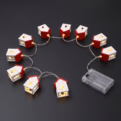 Kersthuisjes Lichtslinger - Houten Huisjes met Warm LED Licht op Batterijen