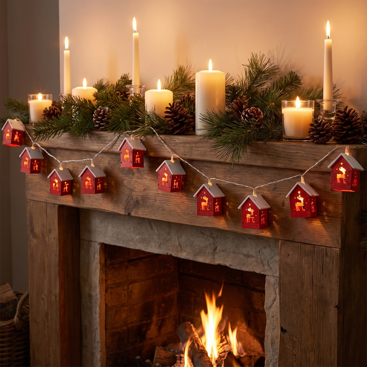 Kersthuisjes Lichtslinger – Houten Huisjes met Warm LED Licht op Batterijen (3)