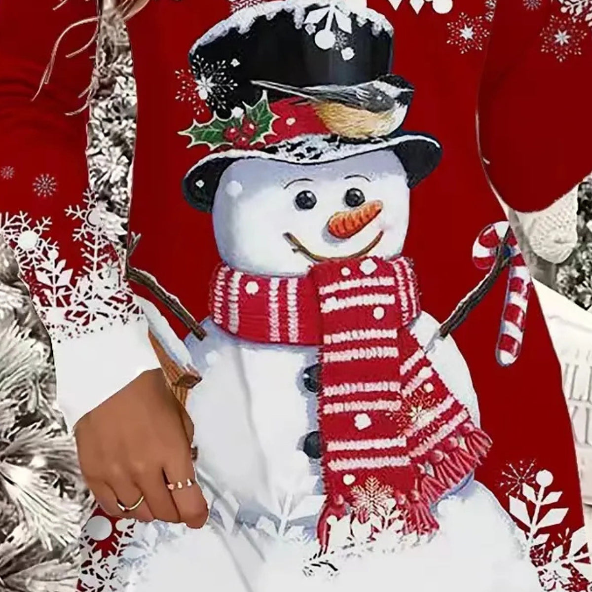Kerstjurk Dames – Rode Feestjurk met Sneeuwpop en Sneeuwvlokken (4)