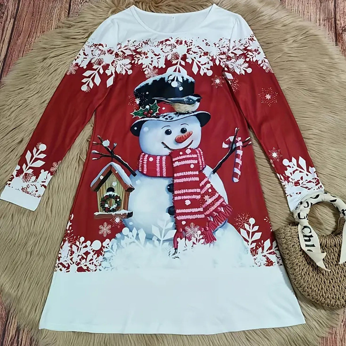 Kerstjurk Dames – Rode Feestjurk met Sneeuwpop en Sneeuwvlokken (5)
