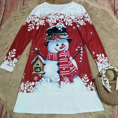 Kerstjurk Dames – Rode Feestjurk met Sneeuwpop en Sneeuwvlokken (5)