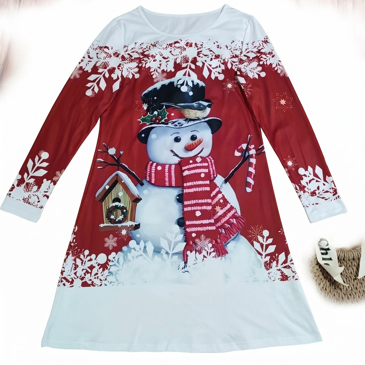 Kerstjurk Dames – Rode Feestjurk met Sneeuwpop en Sneeuwvlokken (8)