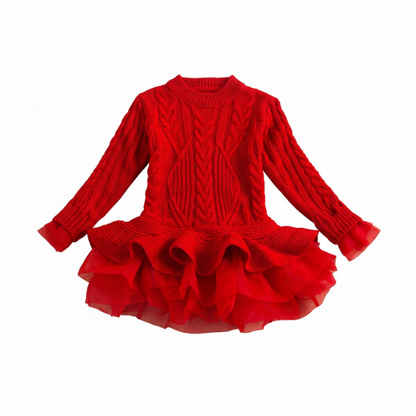 Robe de Noël pour fille - Robe de fête chaude en maille avec jupe en tulle