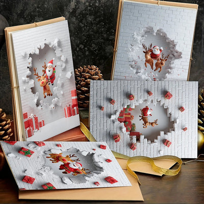 Kerstkaarten Set - 3D Pop-Up Kaarten met Kerstman en Rendier, incl. Enveloppen