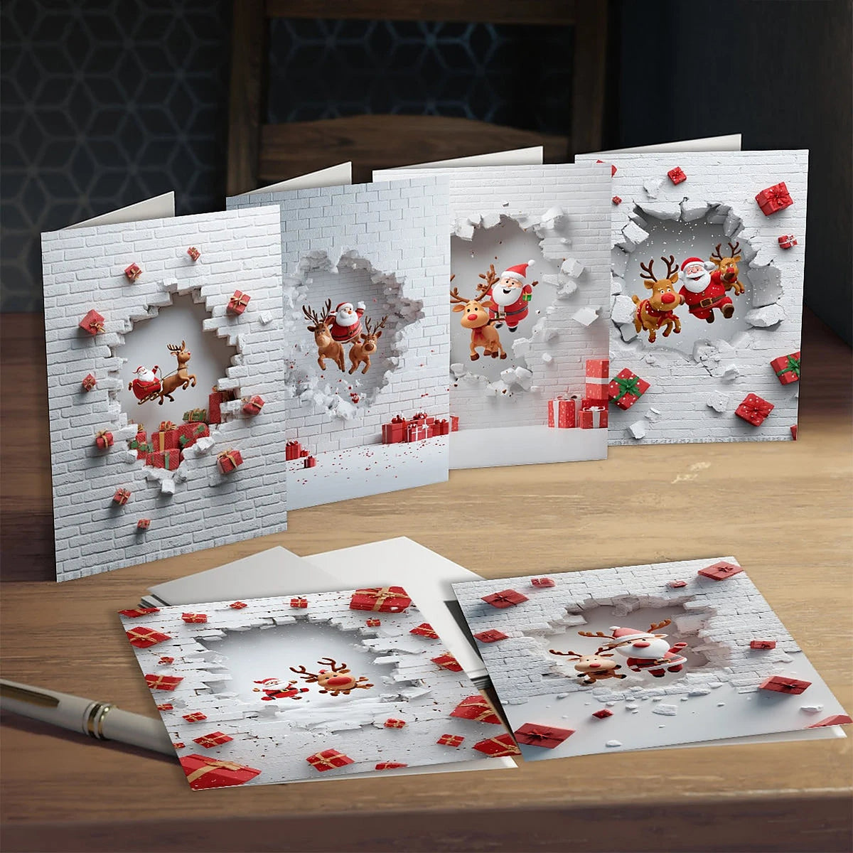 Kerstkaarten Set – 3D Pop-Up Kaarten met Kerstman en Rendier, incl. Enveloppen (6)