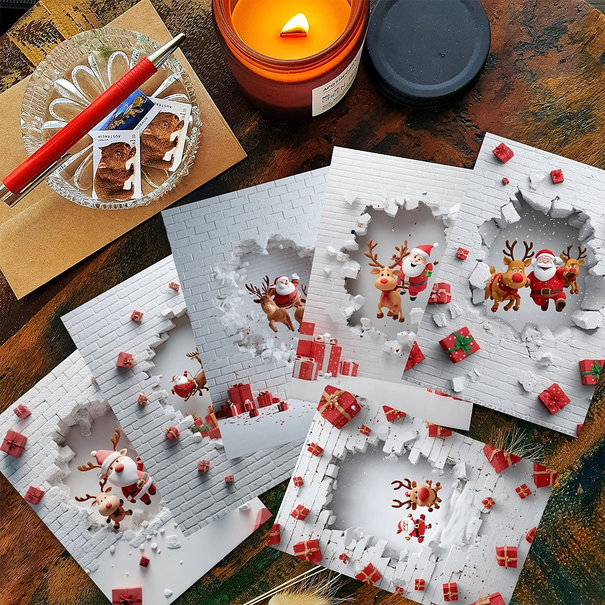 Kerstkaarten Set – 3D Pop-Up Kaarten met Kerstman en Rendier, incl. Enveloppen (8)