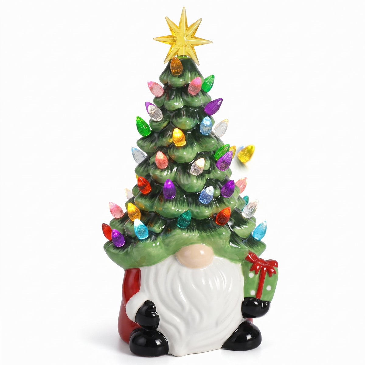 Kerstkabouter - Lichtgevend Beeldje met LED Kerstboom en Gouden Ster