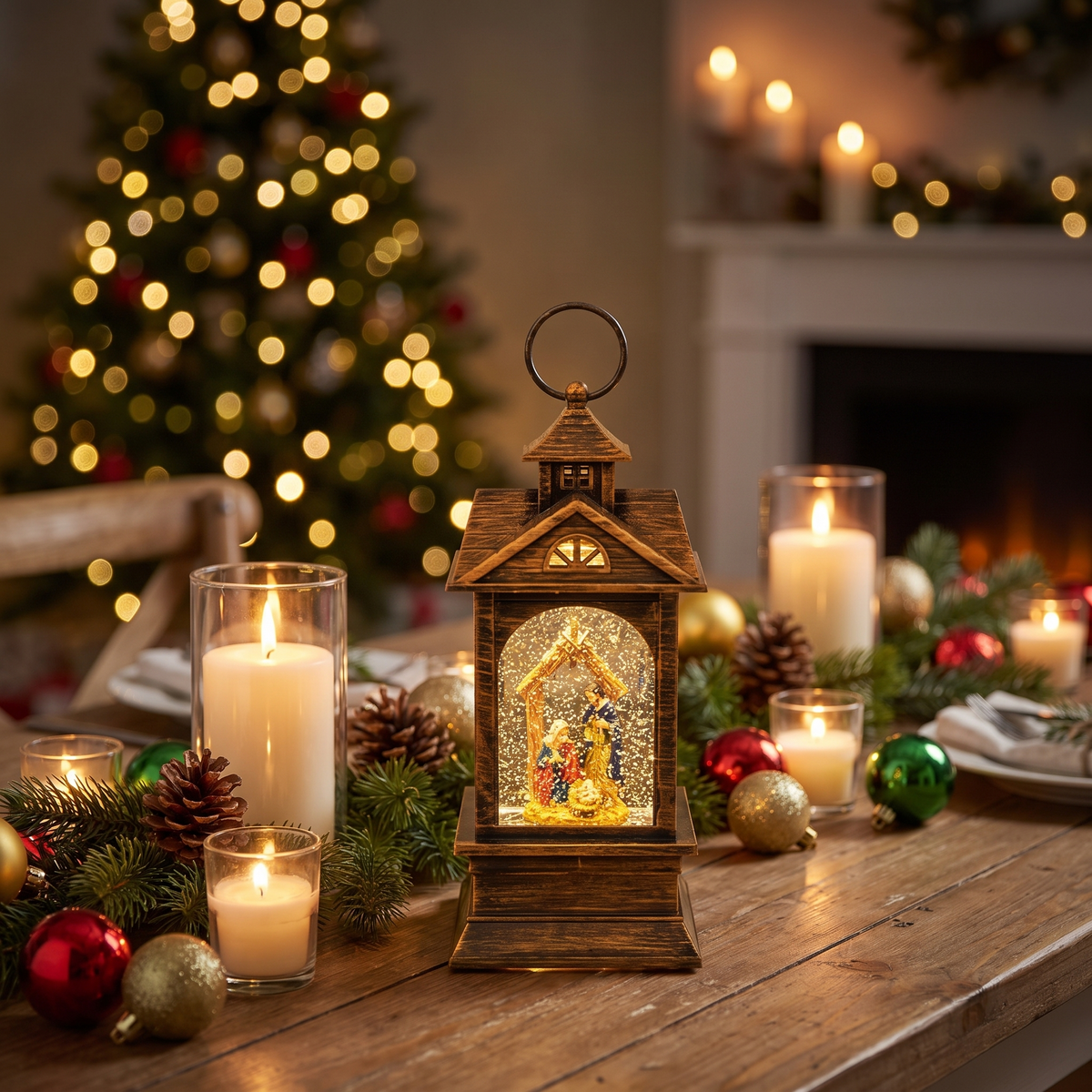 Kerstlantaarn – LED Sneeuwlantaarn met Kerststal en Dwarrelende Glitters (3)