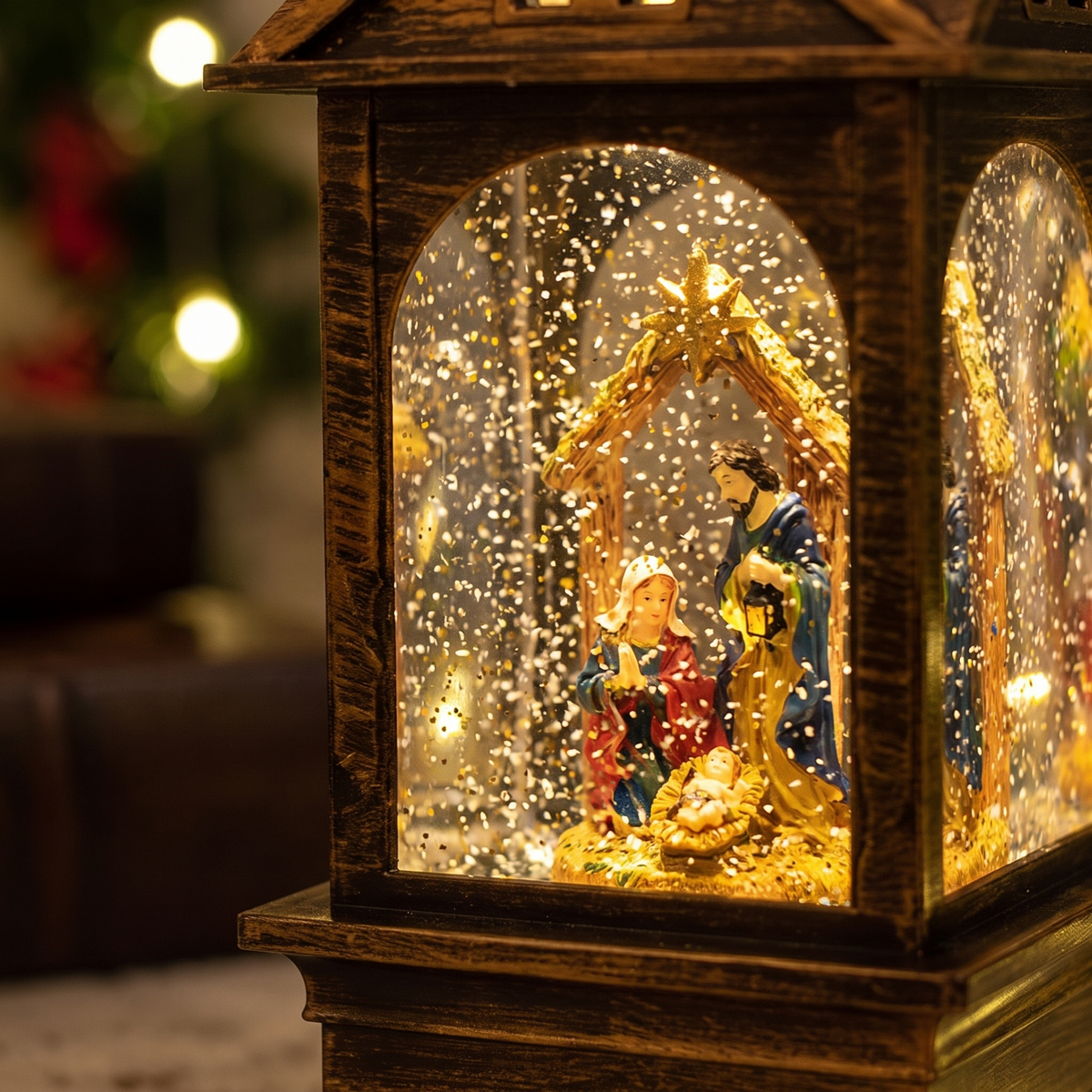 Kerstlantaarn – LED Sneeuwlantaarn met Kerststal en Dwarrelende Glitters (4)