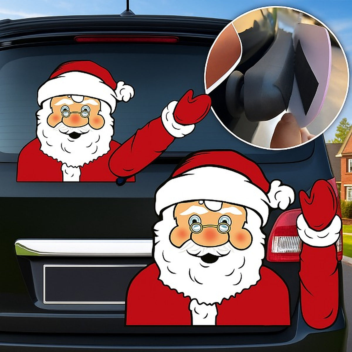 Kerstman Sticker voor de Auto – Zwaaiende Kerstman op de Achterruitwisser (2)