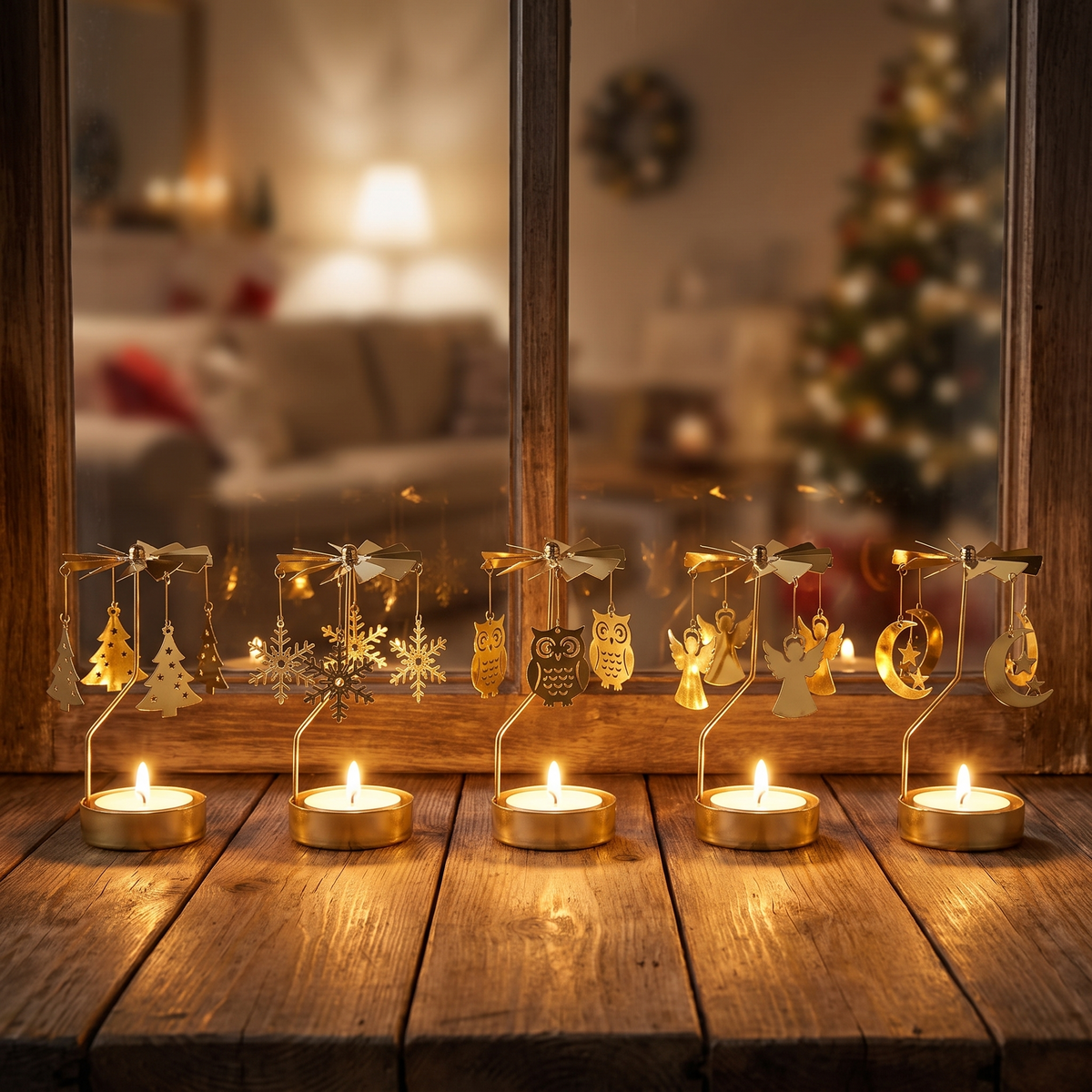Kerstpiramide – Gouden Draaiende Waxinehouder als Engelenspel (2)