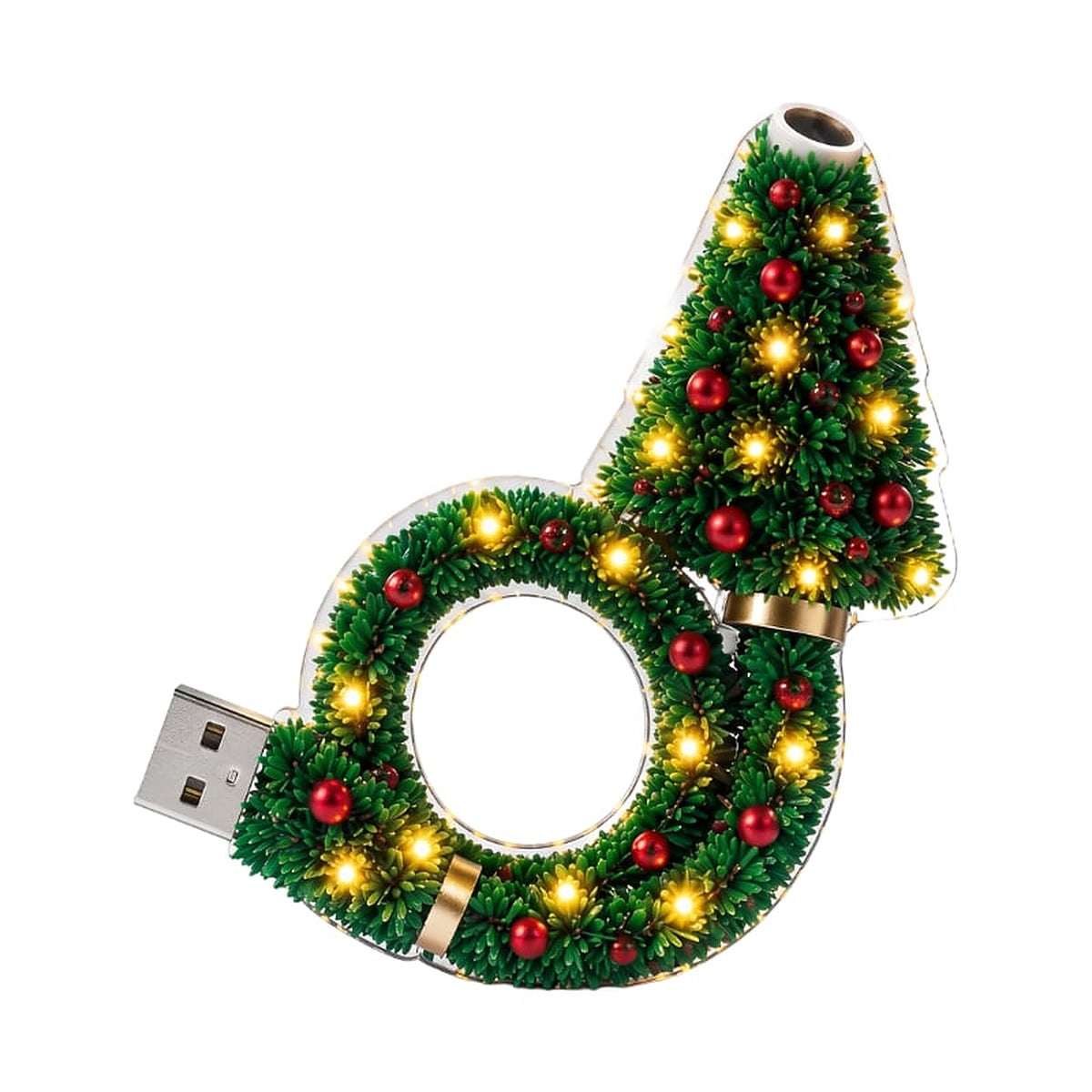 Kerstprojector in boomvorm met USB-stekker op witte achtergrond