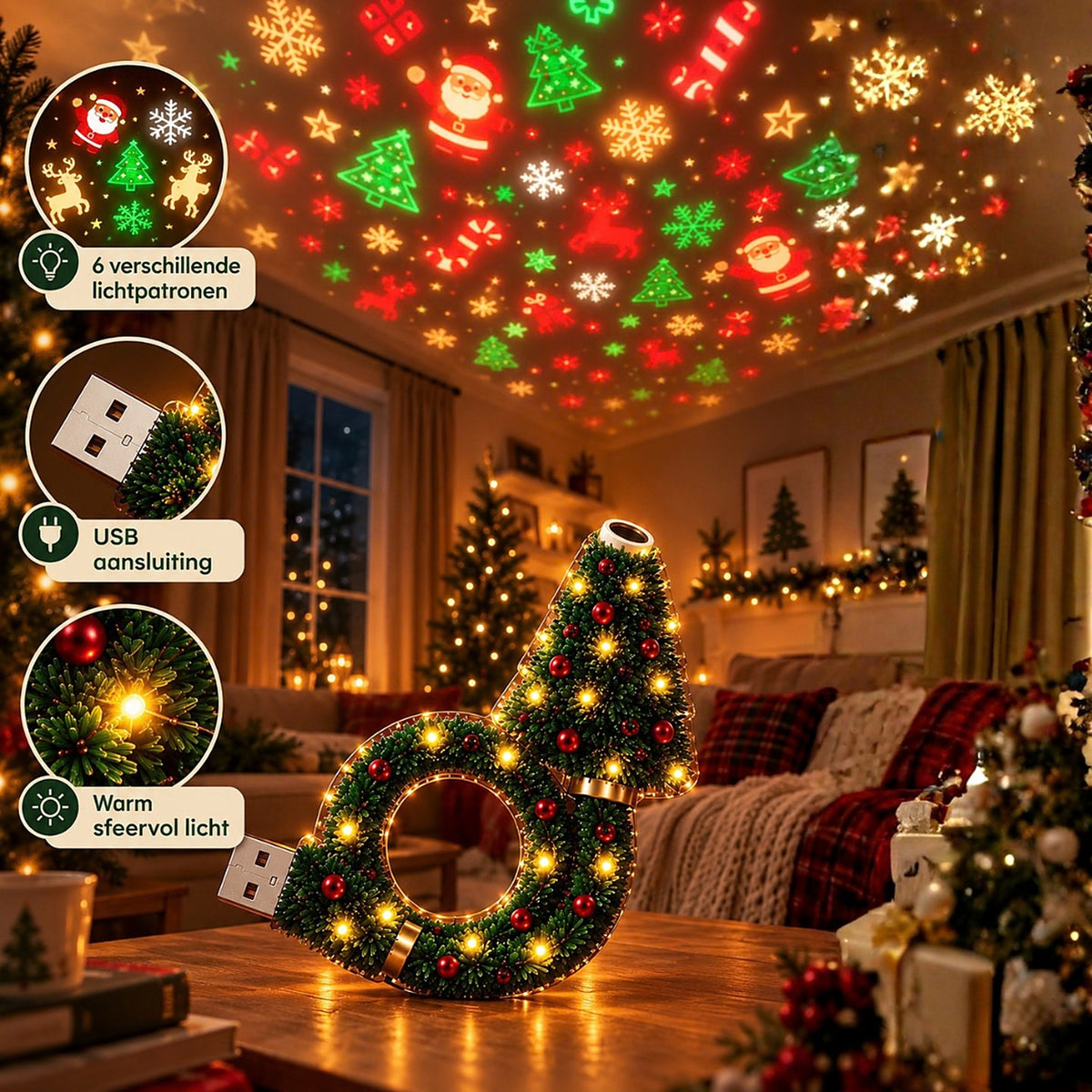 Kerstprojector projecteert kerstbeelden op het plafond