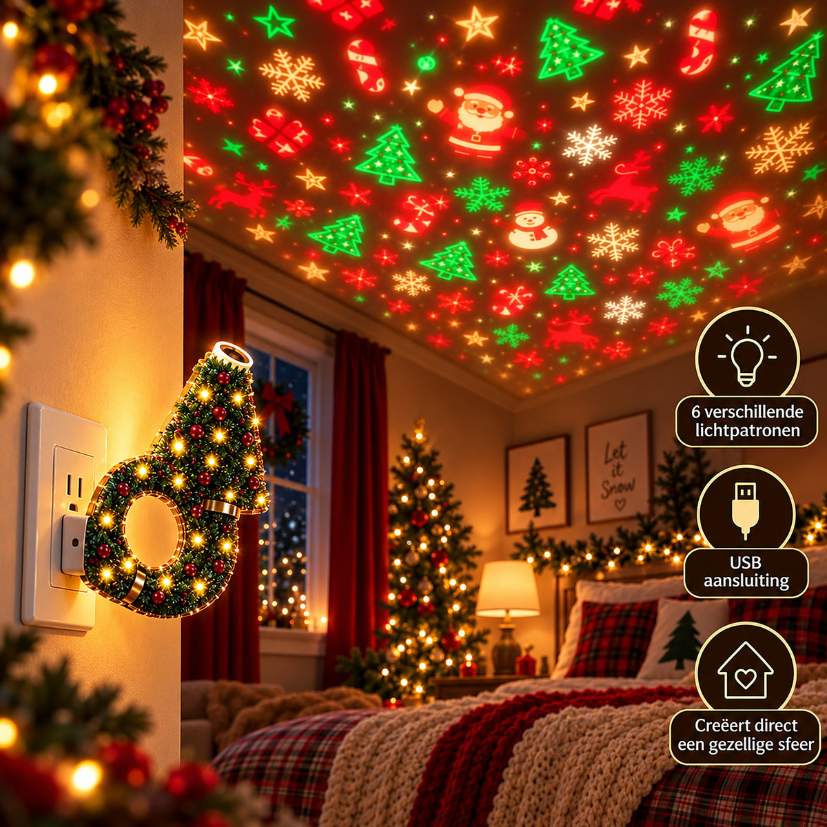 Kerstprojector in het stopcontact in de slaapkamer