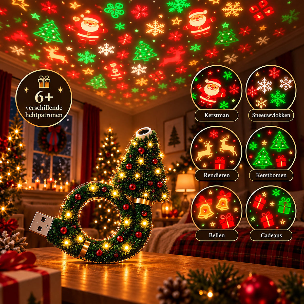 Zes verschillende lichtpatronen van de kerstprojector