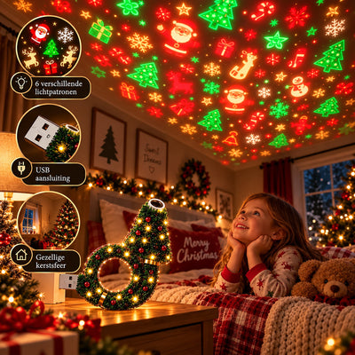 Kind kijkt naar de kerstprojectie op het plafond