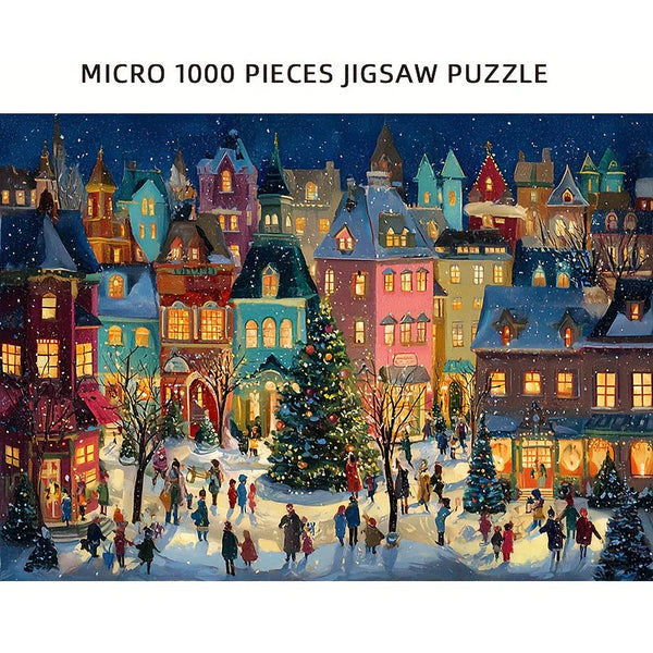 Vánoční puzzle s 1000 dílky - zasněžená zimní ulice se světýlky