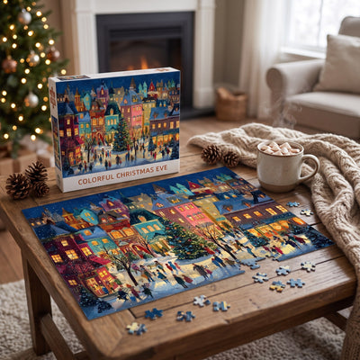 Kerstpuzzel 1000 Stukjes – Besneeuwde Winterstraat met Lichtjes (2)