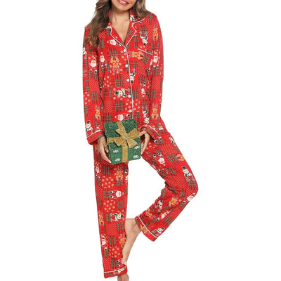 Kerstpyjama Dames - Doorknoopblouse en Lange Broek met Feestelijke Print