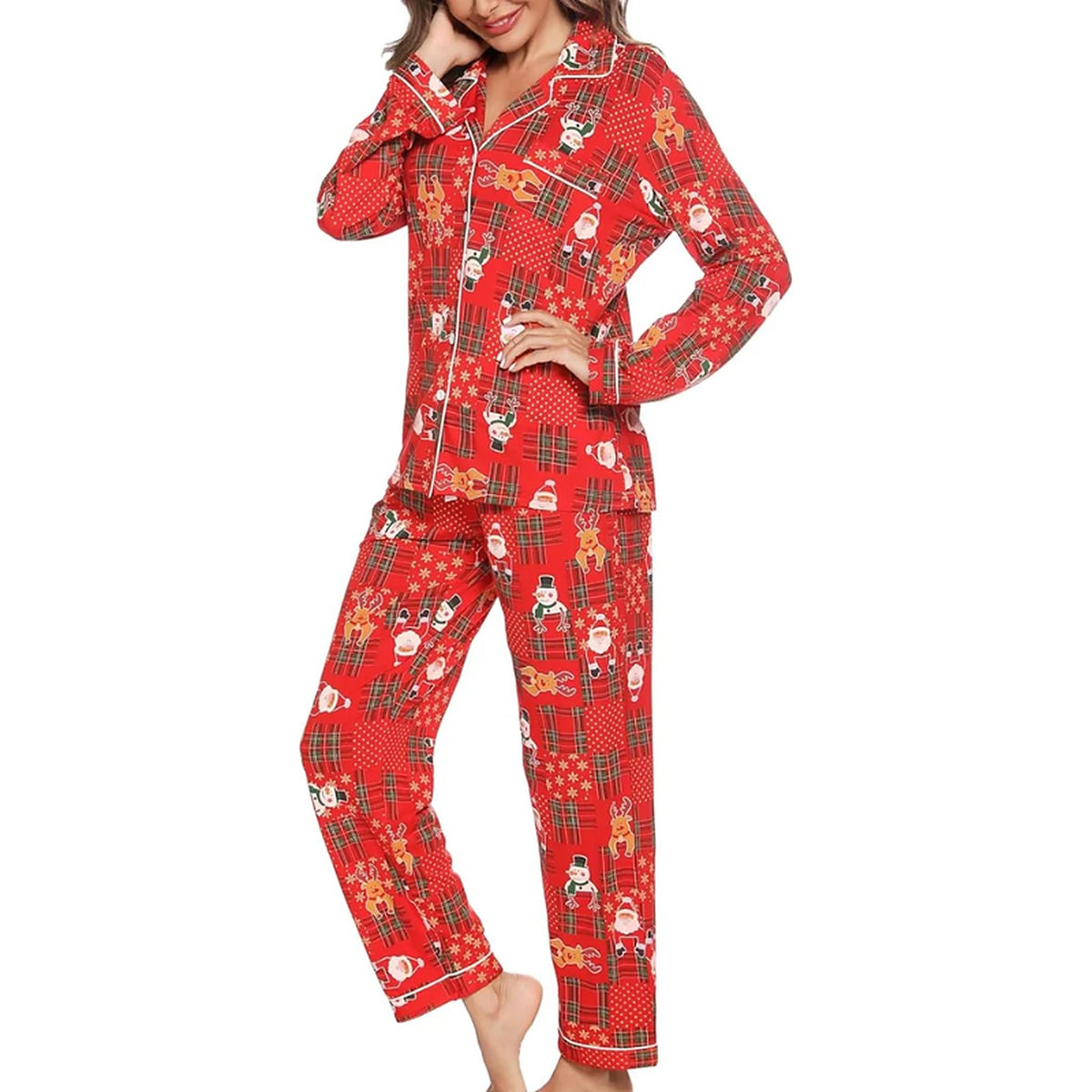 Kerstpyjama Dames – Doorknoopblouse en Lange Broek met Feestelijke Print (6)