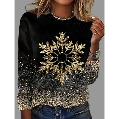 Kerstshirt Dames - Zwart Shirt met Gouden Glitter Sneeuwvlok