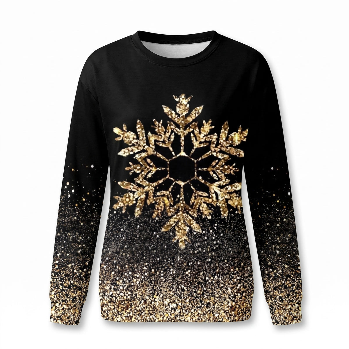 Kerstshirt Dames – Zwart Shirt met Gouden Glitter Sneeuwvlok (2)