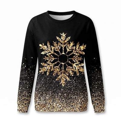 Kerstshirt Dames – Zwart Shirt met Gouden Glitter Sneeuwvlok (2)