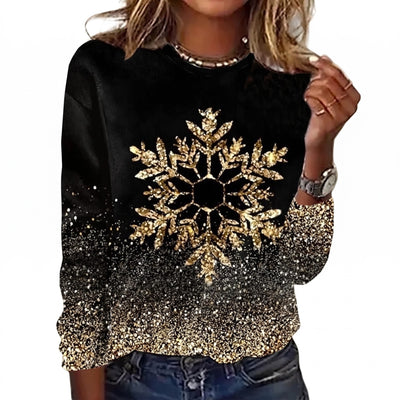 Kerstshirt Dames – Zwart Shirt met Gouden Glitter Sneeuwvlok (4)