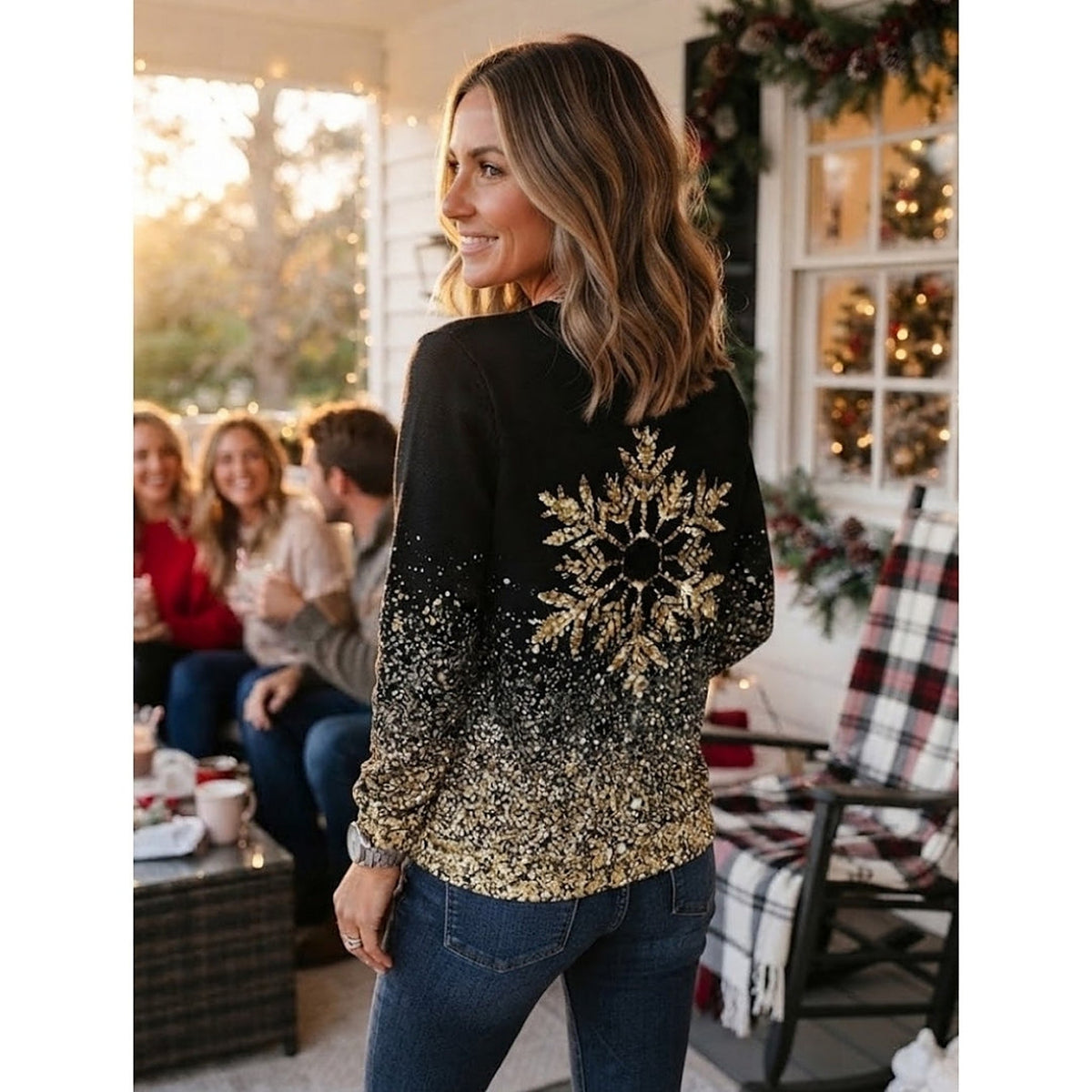 Kerstshirt Dames – Zwart Shirt met Gouden Glitter Sneeuwvlok (5)