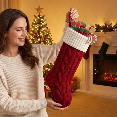 Kerstsok – Grote Gebreide Kerstsok van 46 cm met Kabelpatroon (3)