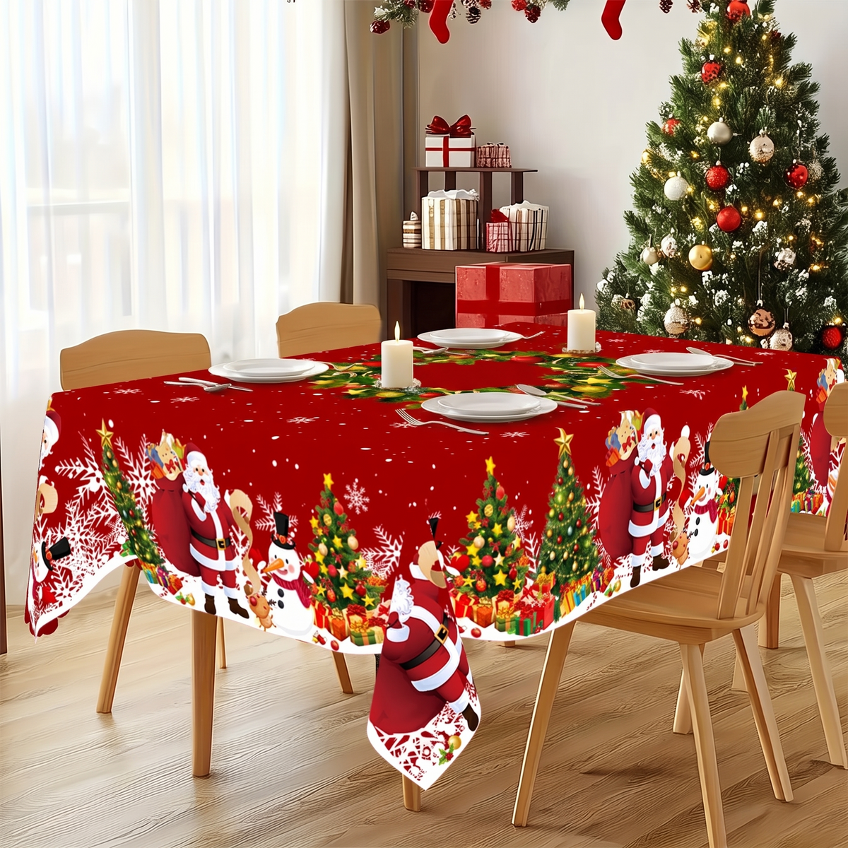 Kersttafelkleed - Rood Tafelkleed met Kerstman, Sneeuwpop en Kerstkrans