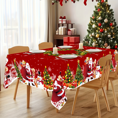 Kersttafelkleed - Rood Tafelkleed met Kerstman, Sneeuwpop en Kerstkrans