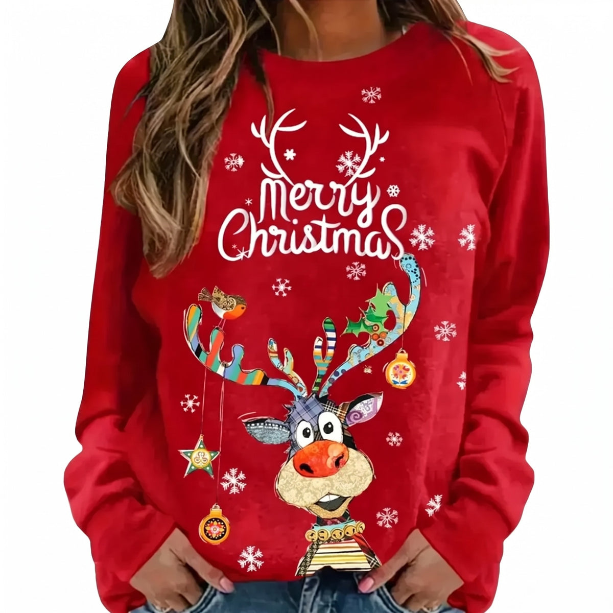 Kersttrui Dames - Sweater met Vrolijk Rendier en Feestelijke Print